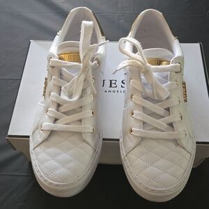 GUESS Women's White and Gold Quilted Sneakers